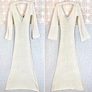 Crochet Deep V Neck Maxi Dress Long Sleeve Knitted Beach Pool Club Festival